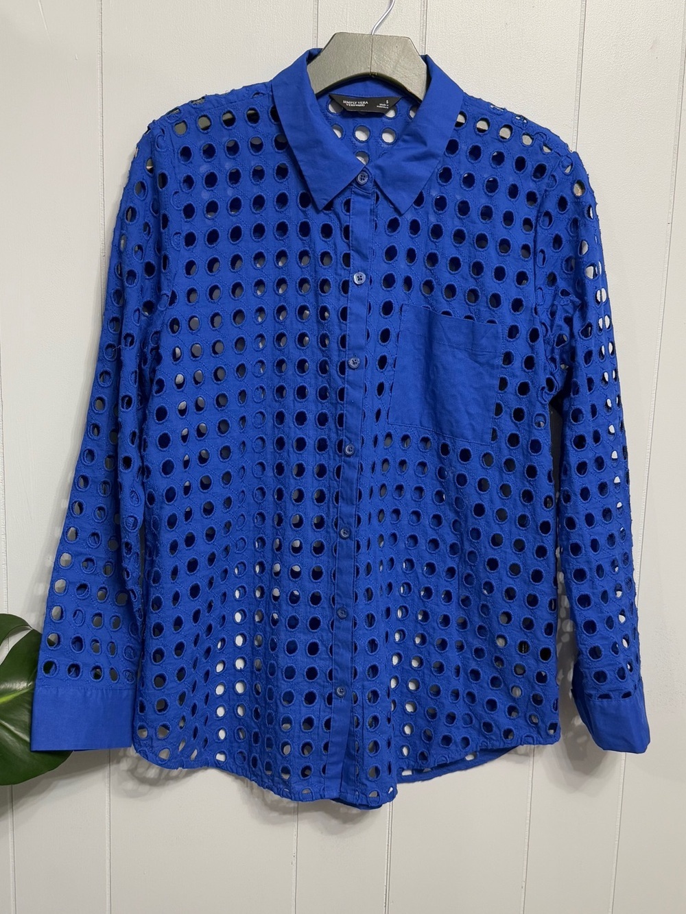 #17)  Simply Vera Vera Wang Royal Blue Eyelet Button-Down Shirt - Picture 3 of 6